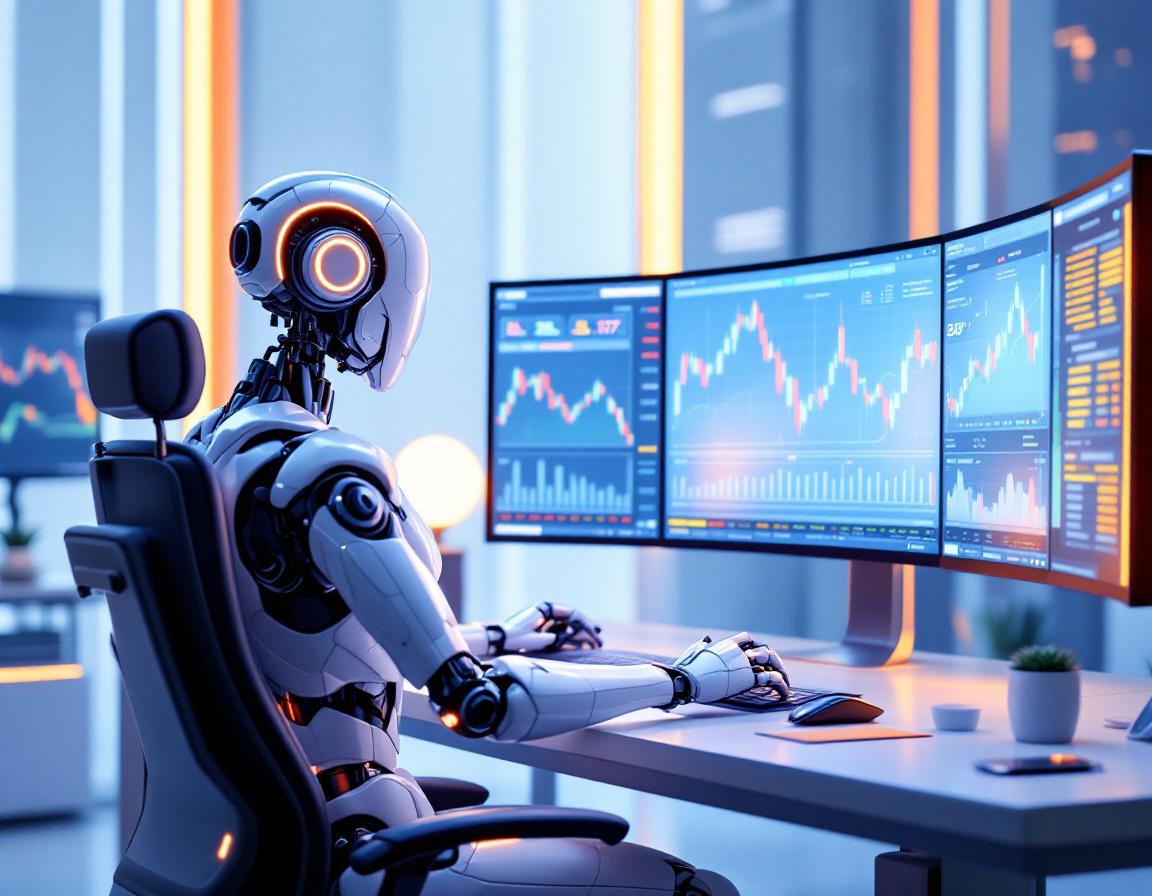A humanoid AI trading bot analyzes market data at a high-tech workstation with multiple screens.