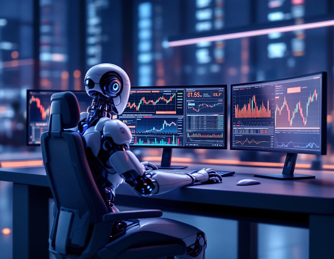 A humanoid AI trading bot at a high-tech workstation analyzes market data on multiple screens.
