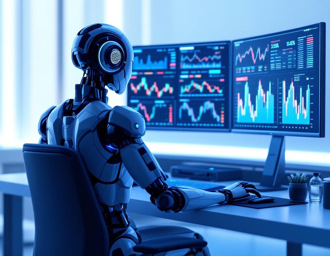 A sleek humanoid AI trading bot at a workstation, analyzing market data across multiple screens.