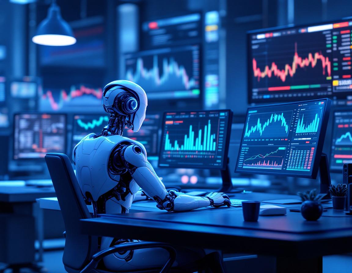 A humanoid AI trading bot at a high-tech workstation analyzing market data on multiple screens.