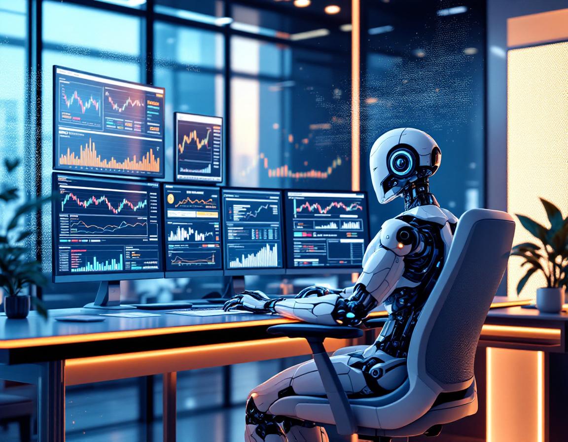 A humanoid AI trading bot analyzes market data in a futuristic workstation, surrounded by screens.