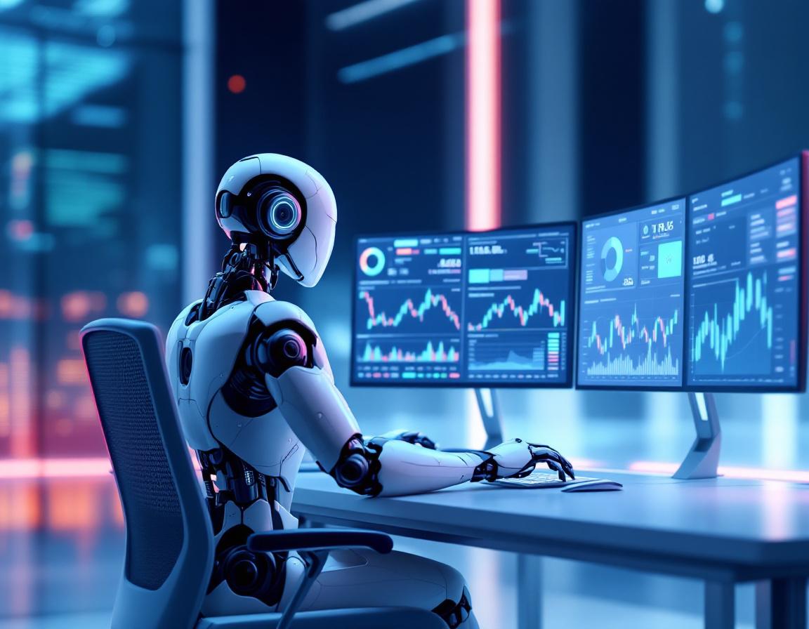 A humanoid AI trading bot analyzes data and executes trades in a modern, high-tech trading room.