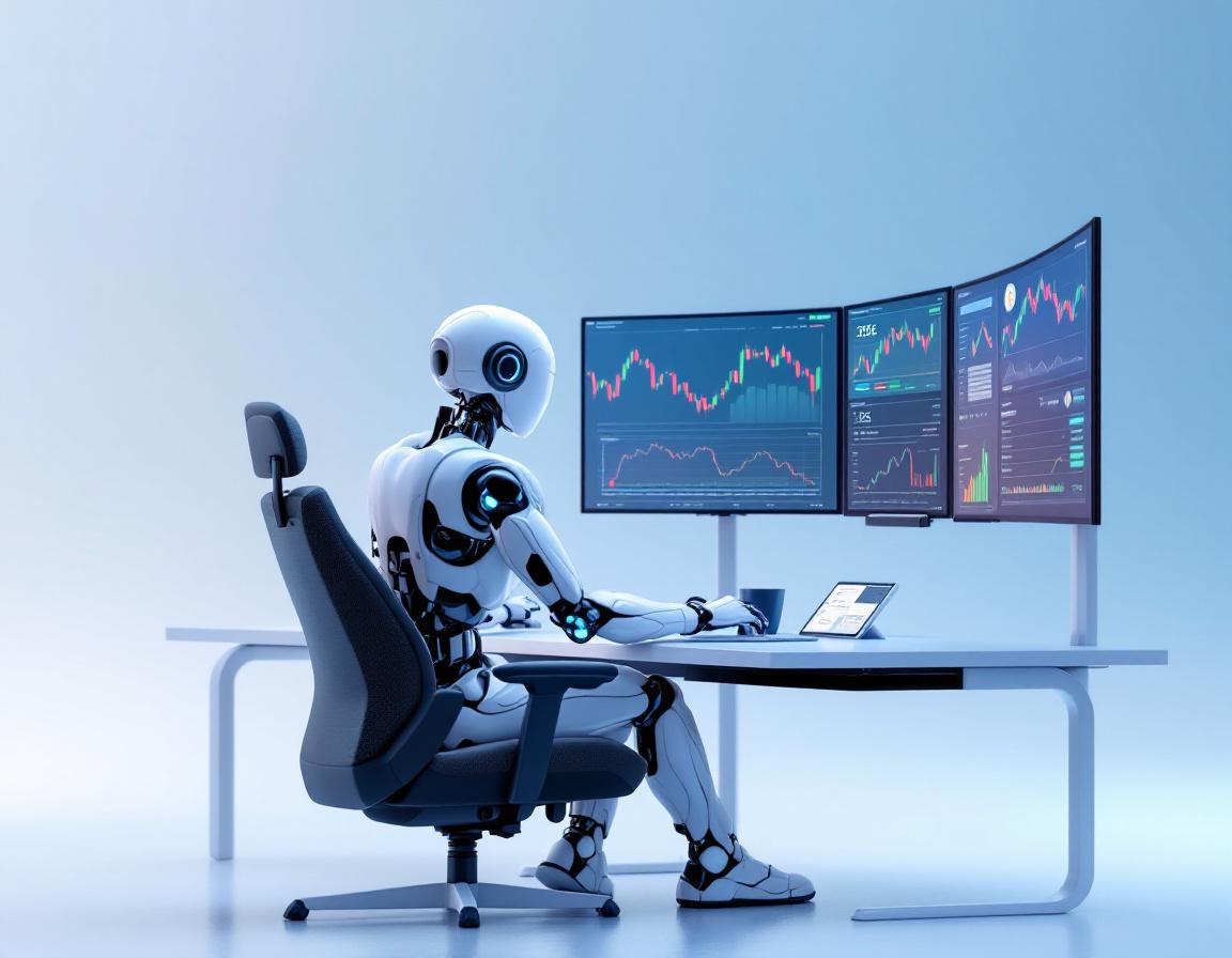 A hyper-realistic AI trading bot analyzing data at a high-tech workstation with illuminated screens.