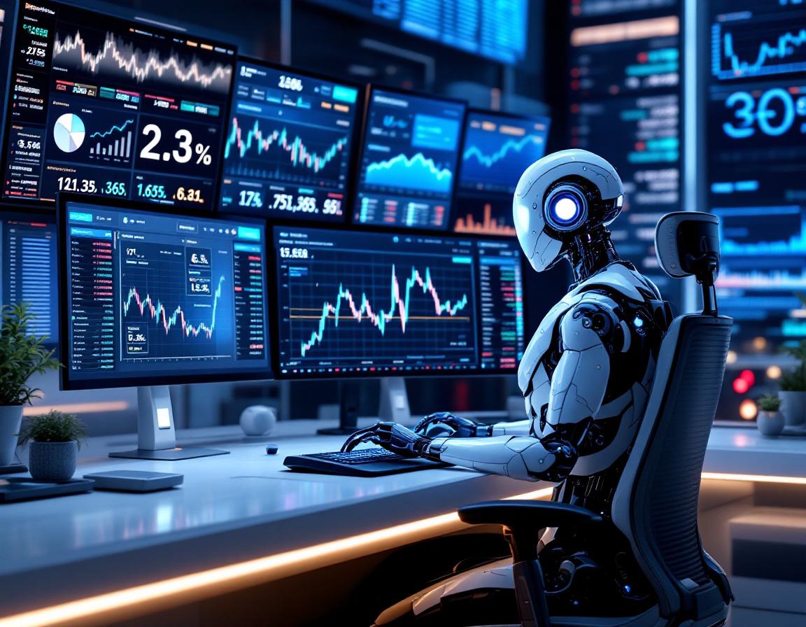 A hyper-realistic AI trading bot analyzes market data at a sleek workstation with multiple screens.