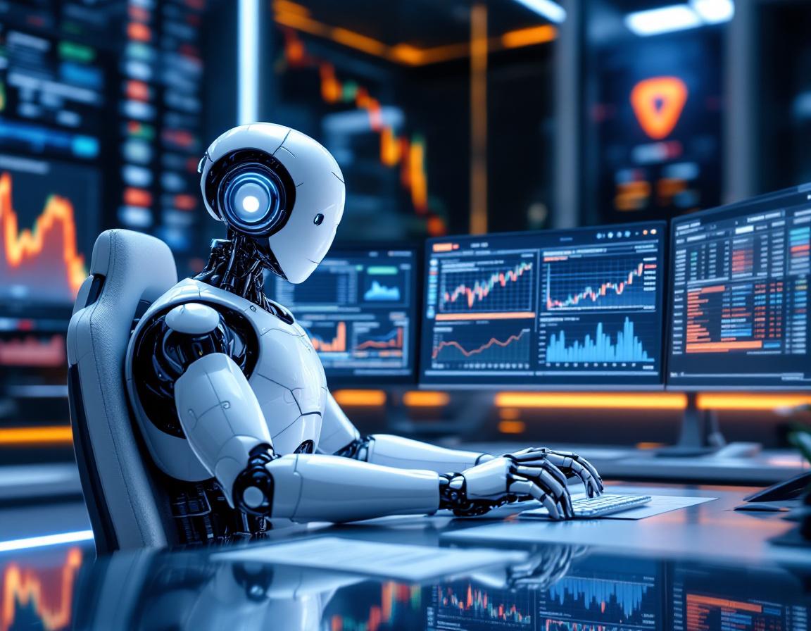 A hyper-realistic AI trading bot at a workstation analyzing market data across multiple screens.