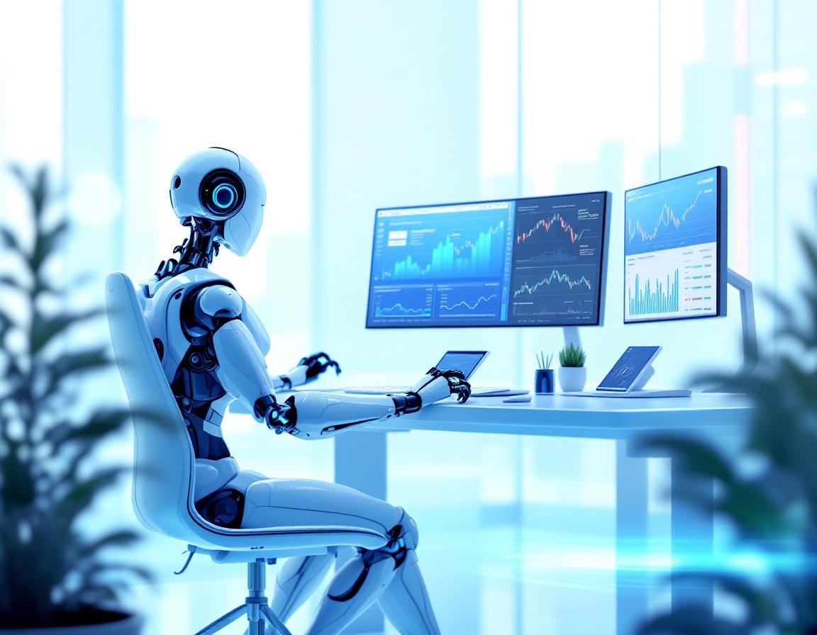 A hyper-realistic AI trading bot analyzes stock and crypto data at a high-tech workstation.