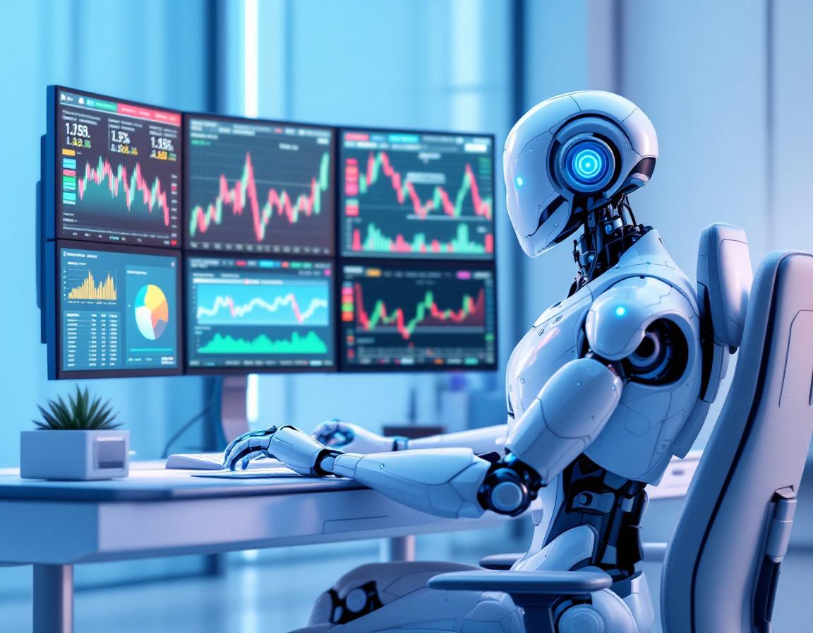 A hyper-realistic AI trading bot at a sleek workstation, analyzing market data on multiple screens.