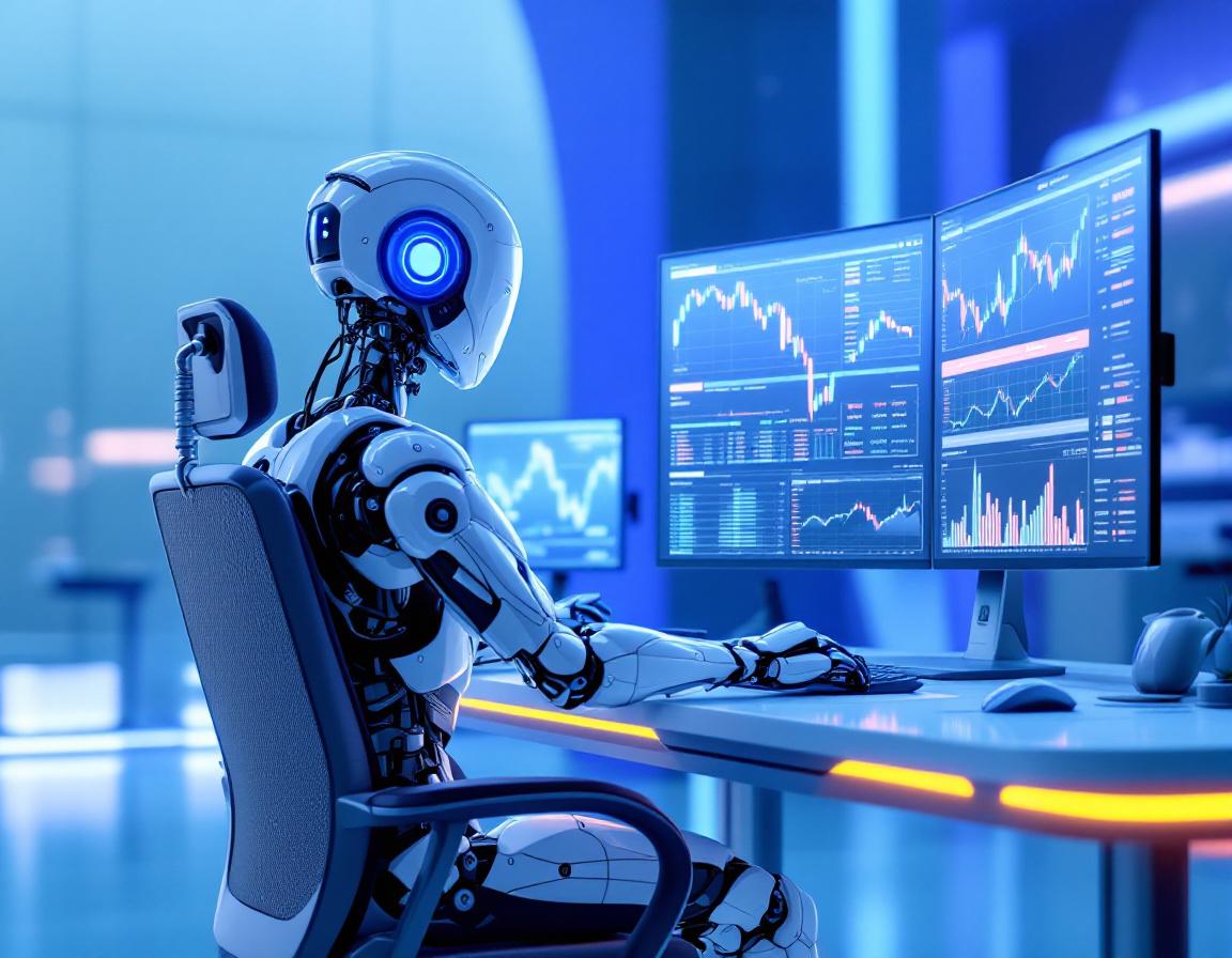 A futuristic AI trading bot analyzes market data at a high-tech workstation with multiple screens.