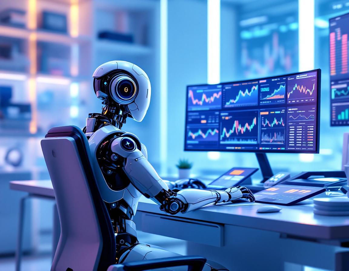 A humanoid AI trading bot analyzes market data at a high-tech workstation with glowing screens.
