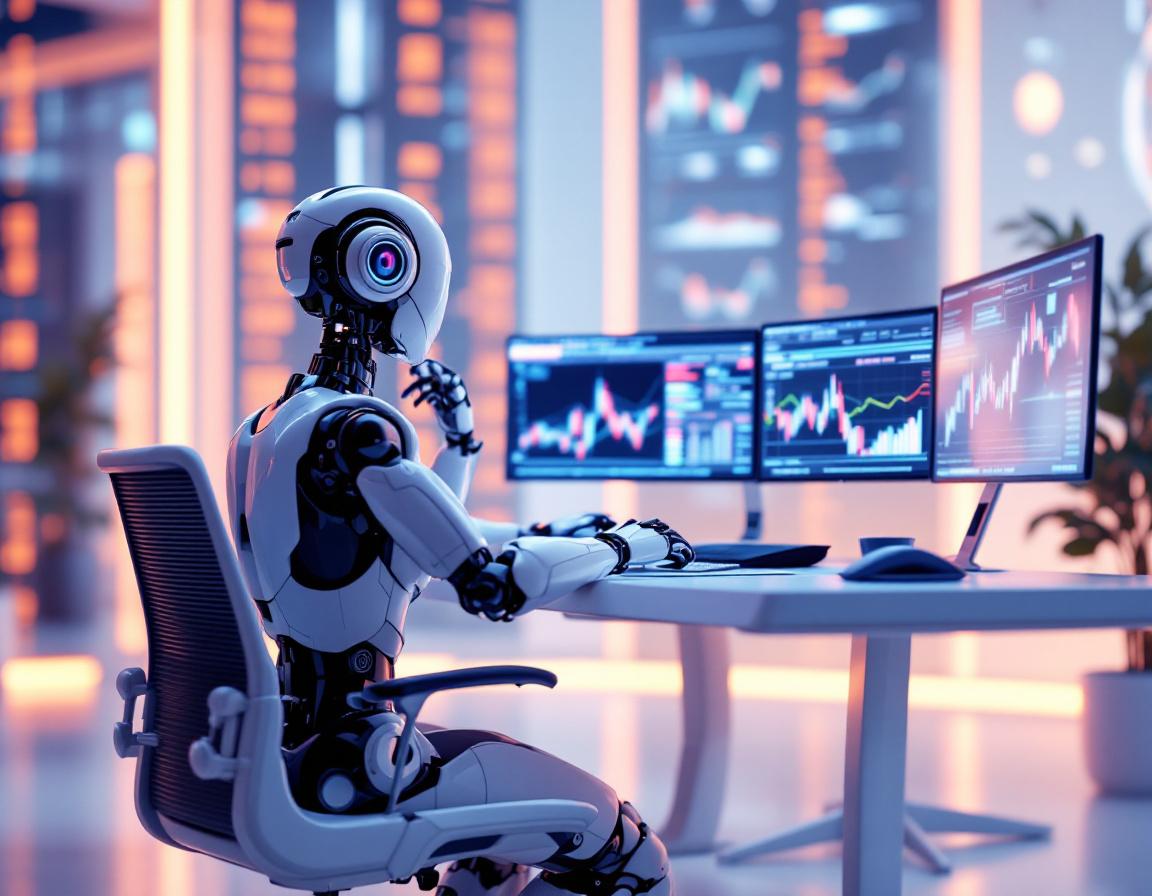 A hyper-realistic AI trading bot at a workstation, analyzing market data with glowing screens.
