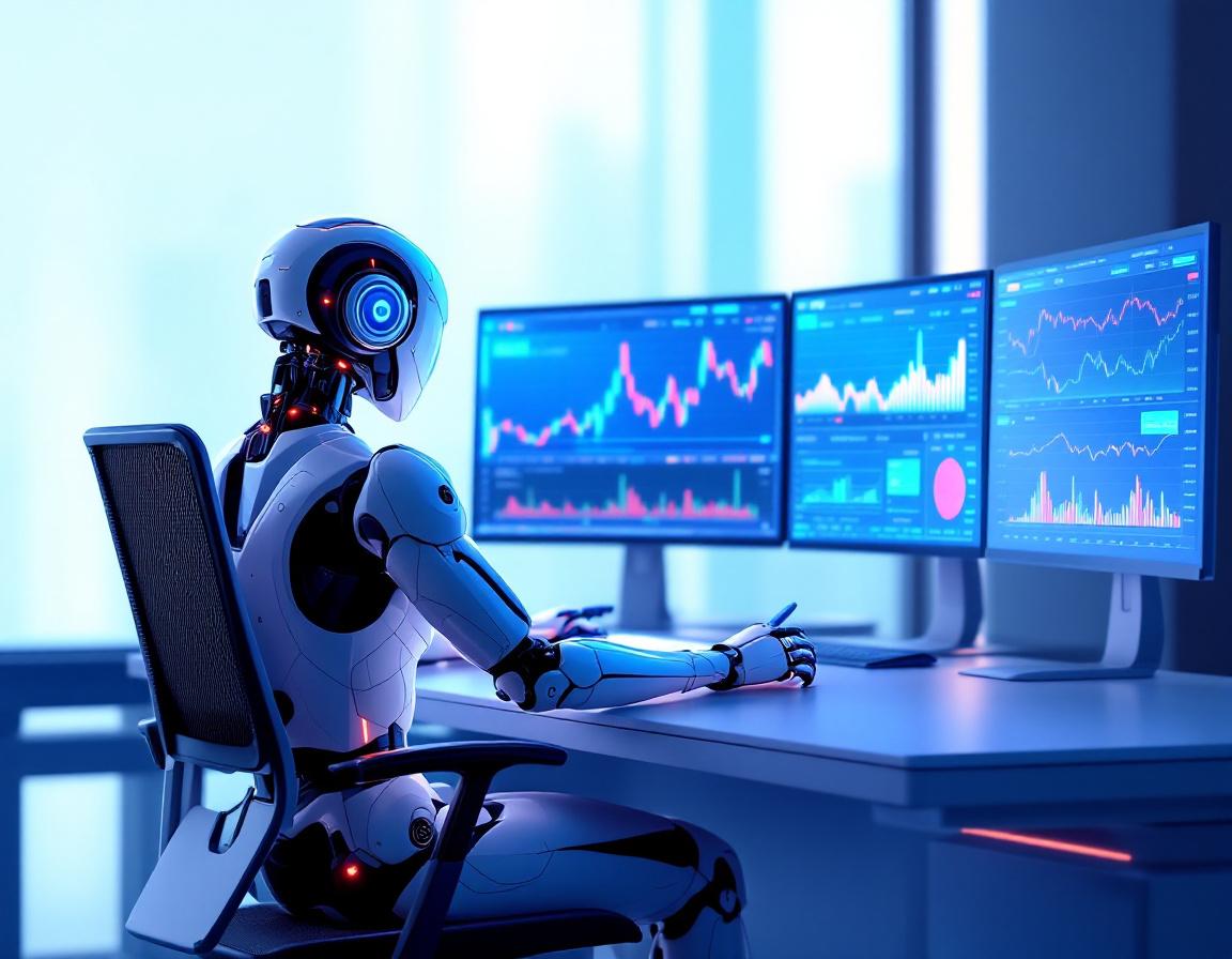 A hyper-realistic AI trading bot at a workstation analyzing market data on multiple screens.