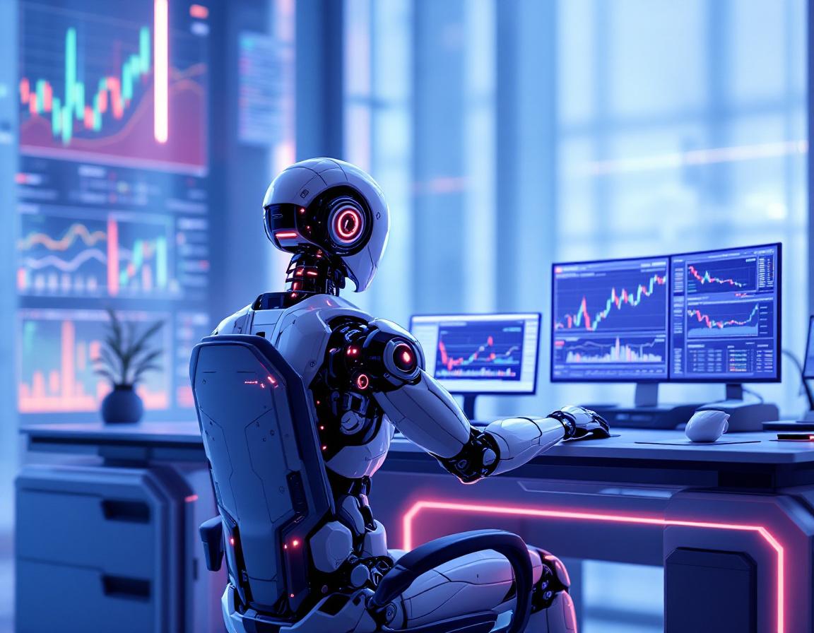 A hyper-realistic AI trading bot analyzes data at a high-tech workstation in a futuristic setting.
