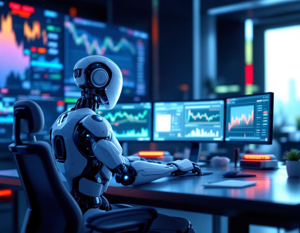 A hyper-realistic AI trading bot at a sleek workstation analyzing market data on multiple screens.