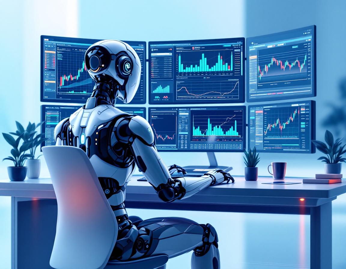A hyper-realistic AI trading bot at a high-tech workstation, analyzing crypto and stock market data.
