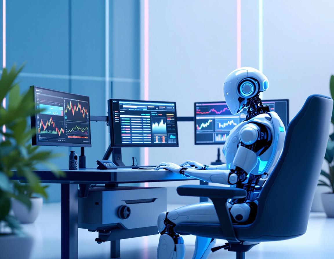 A sleek humanoid AI trading bot at a high-tech workstation analyzes market data on multiple screens.