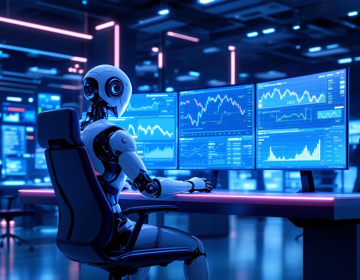 A humanoid AI trading bot analyzes market data at a futuristic workstation with multiple screens.
