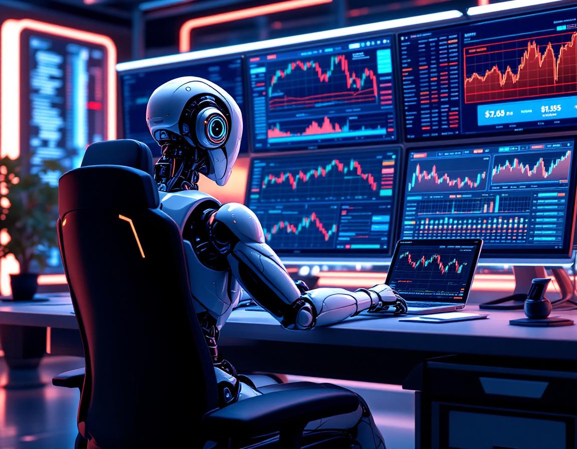 A humanoid AI trading bot at a workstation analyzing dynamic market data across multiple screens.