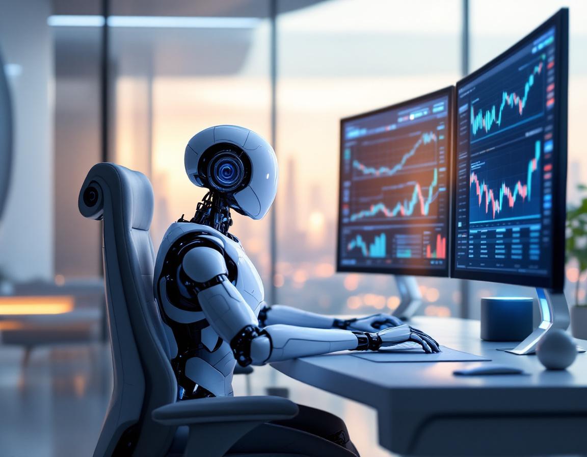 A sleek humanoid AI trading bot at a workstation analyzing market data on glowing screens.