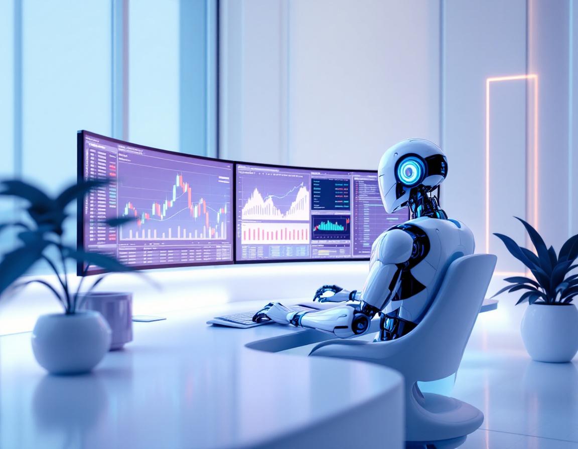 A humanoid AI trading bot at a high-tech workstation analyzes market data on glowing screens.