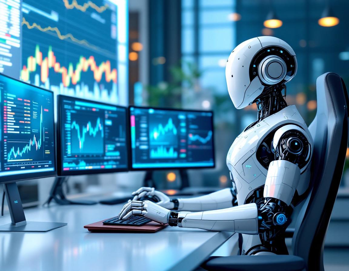 A hyper-realistic AI trading bot in a futuristic setting, analyzing market data on multiple screens.