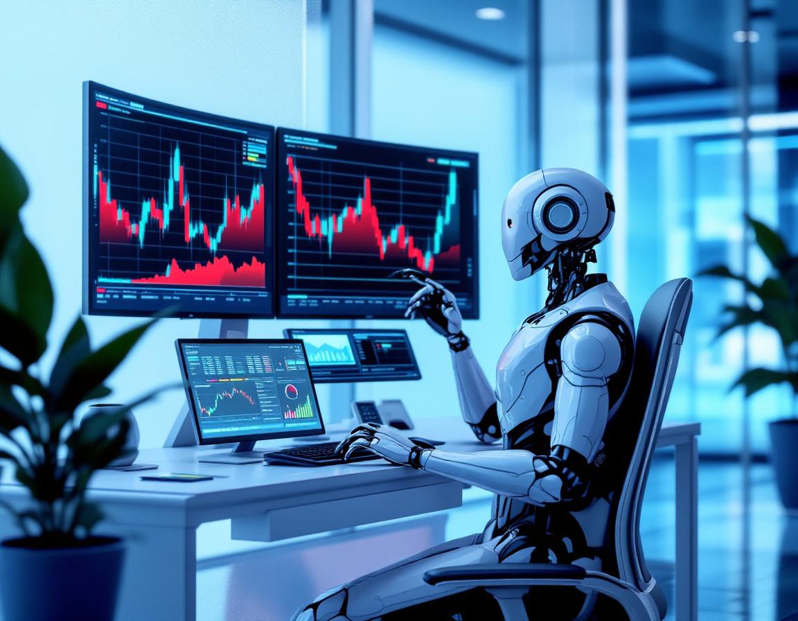 A humanoid AI trading bot analyzes market data at a high-tech workstation with glowing screens.