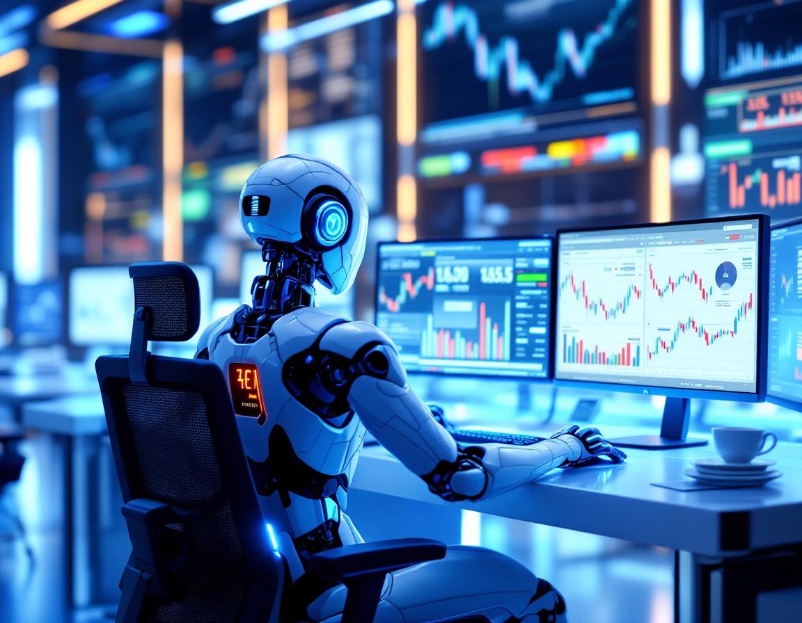 A hyper-realistic AI trading bot at a high-tech workstation, analyzing data on multiple screens.