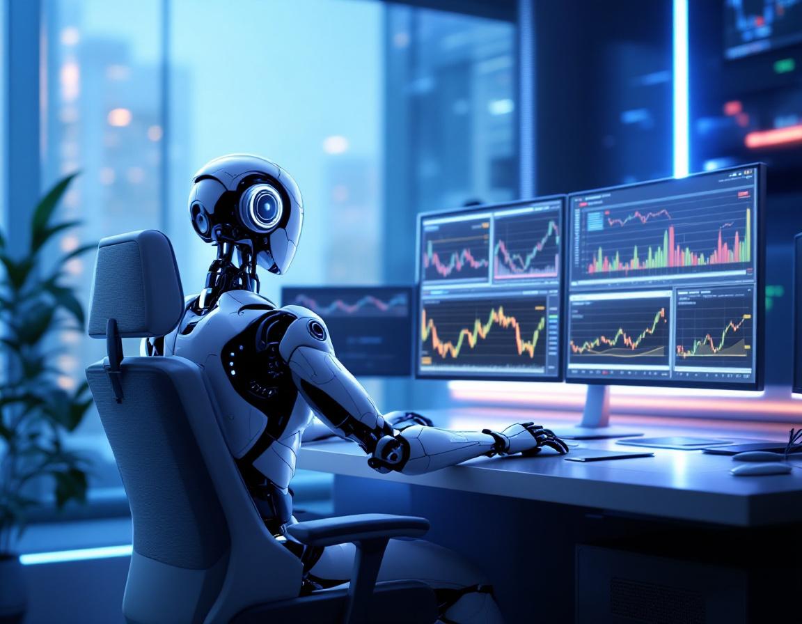 A humanoid AI trading bot analyzing market data at a high-tech workstation with multiple screens.