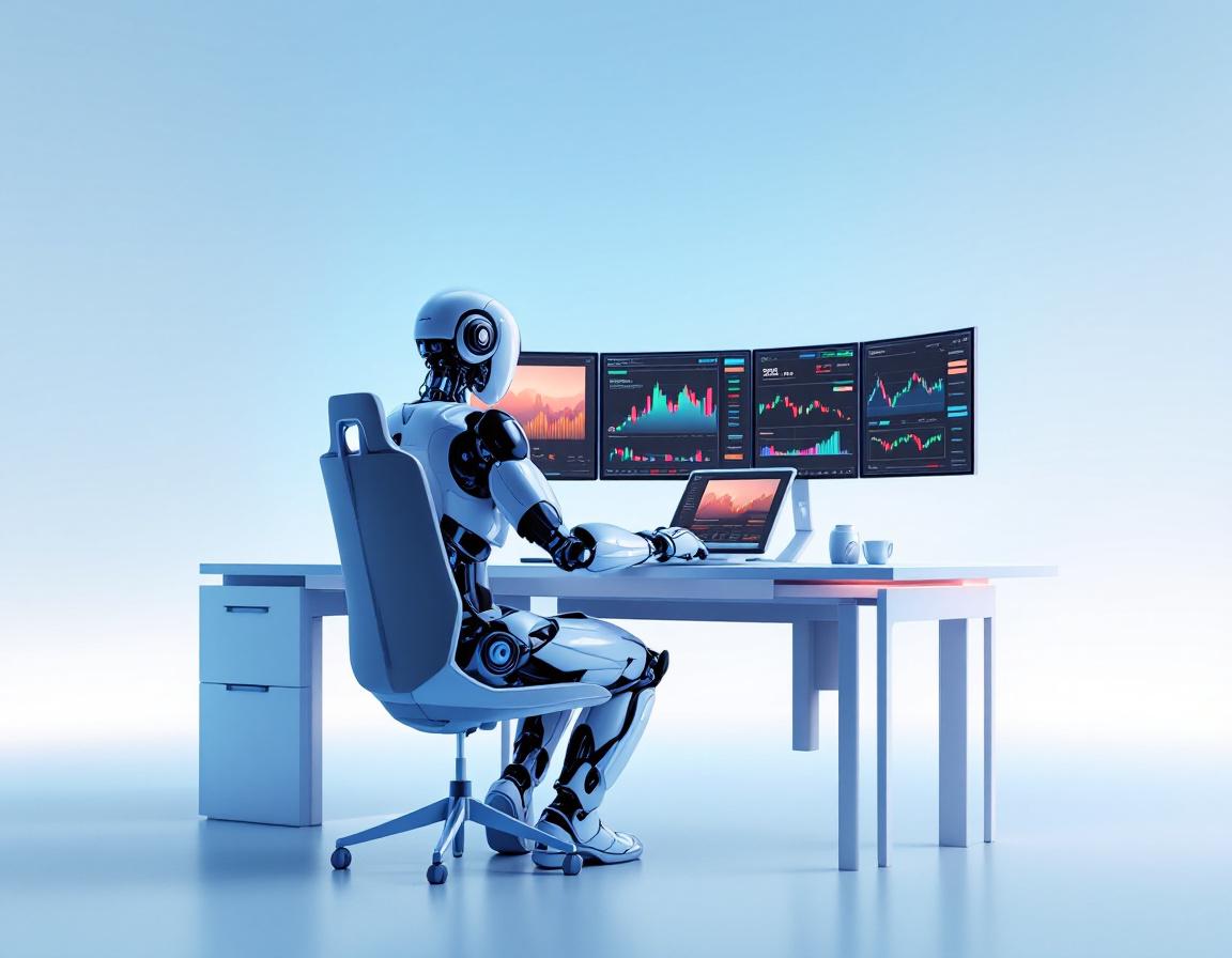 A humanoid AI trading bot analyzes market data at a sleek workstation with multiple trading screens.