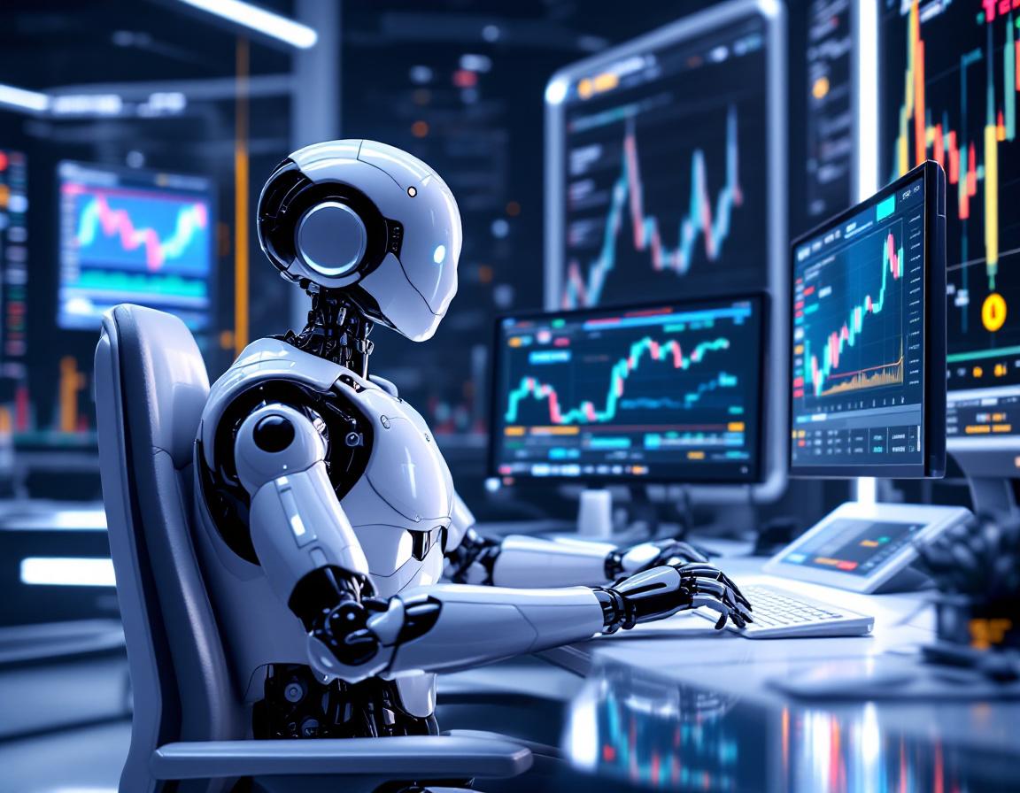 A hyper-realistic AI trading bot analyzes market data at a futuristic workstation with stock charts.