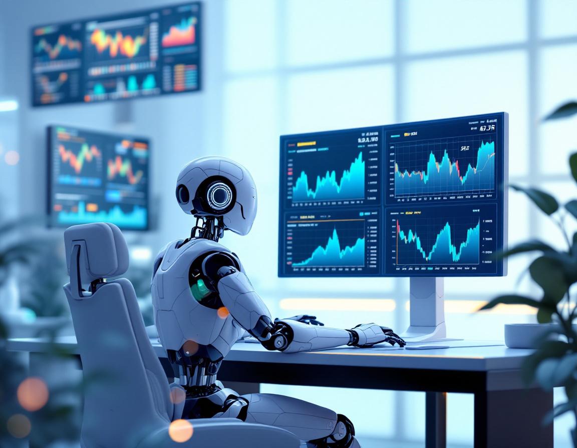 A hyper-realistic AI trading bot seated at a workstation, analyzing market data on multiple screens.