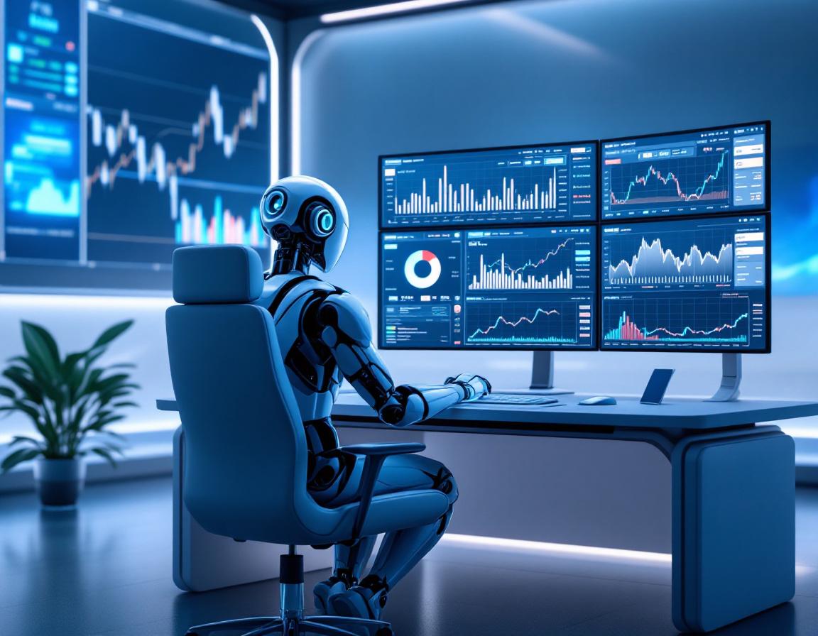 A sleek AI trading bot at a high-tech workstation analyzes crypto stock data on multiple screens.