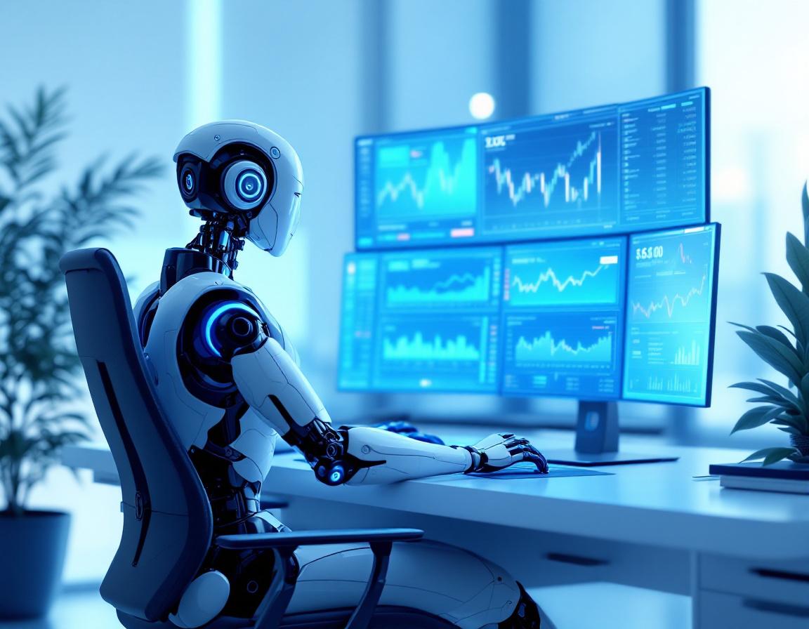 A hyper-realistic AI trading bot at a high-tech workstation, analyzing data on multiple screens.