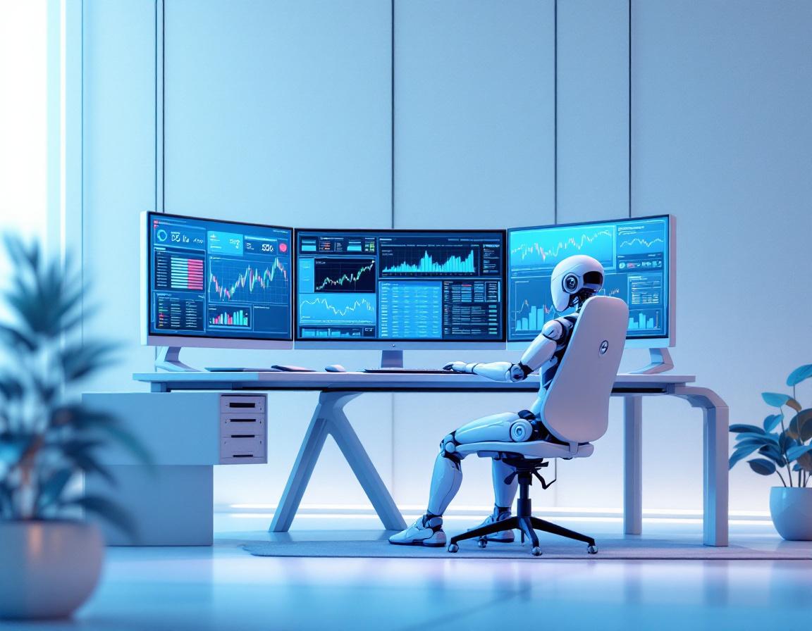 A humanoid AI trading bot in a futuristic space, analyzing market data on multiple digital screens.