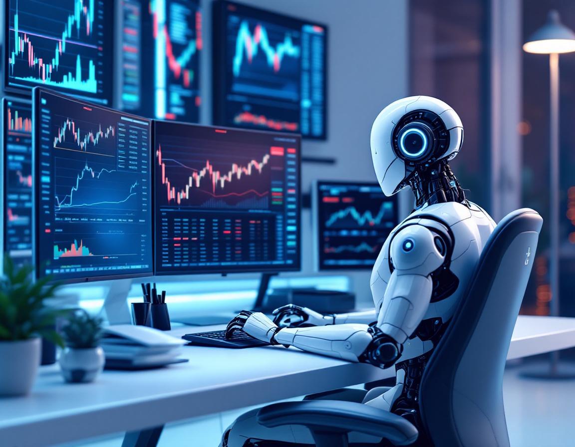 A sleek humanoid AI trading bot analyzes market data in a high-tech workspace with multiple screens.