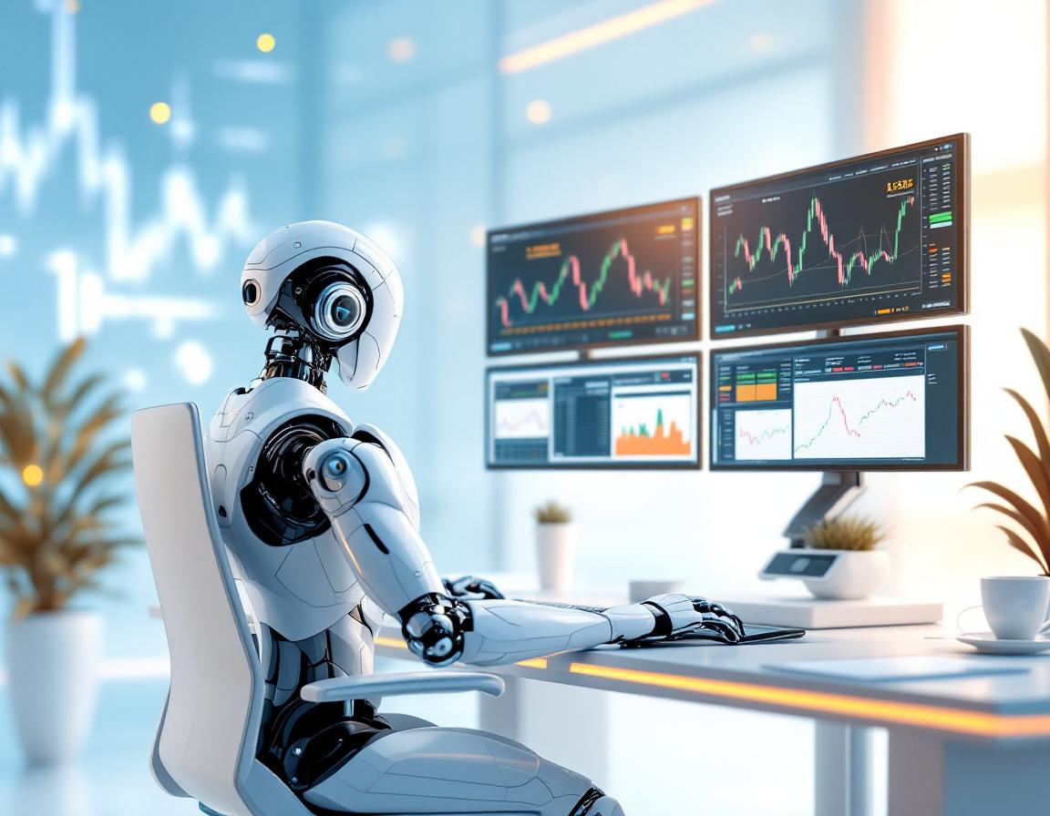 A humanoid AI trading bot at a high-tech workstation analyzing market data on multiple screens.