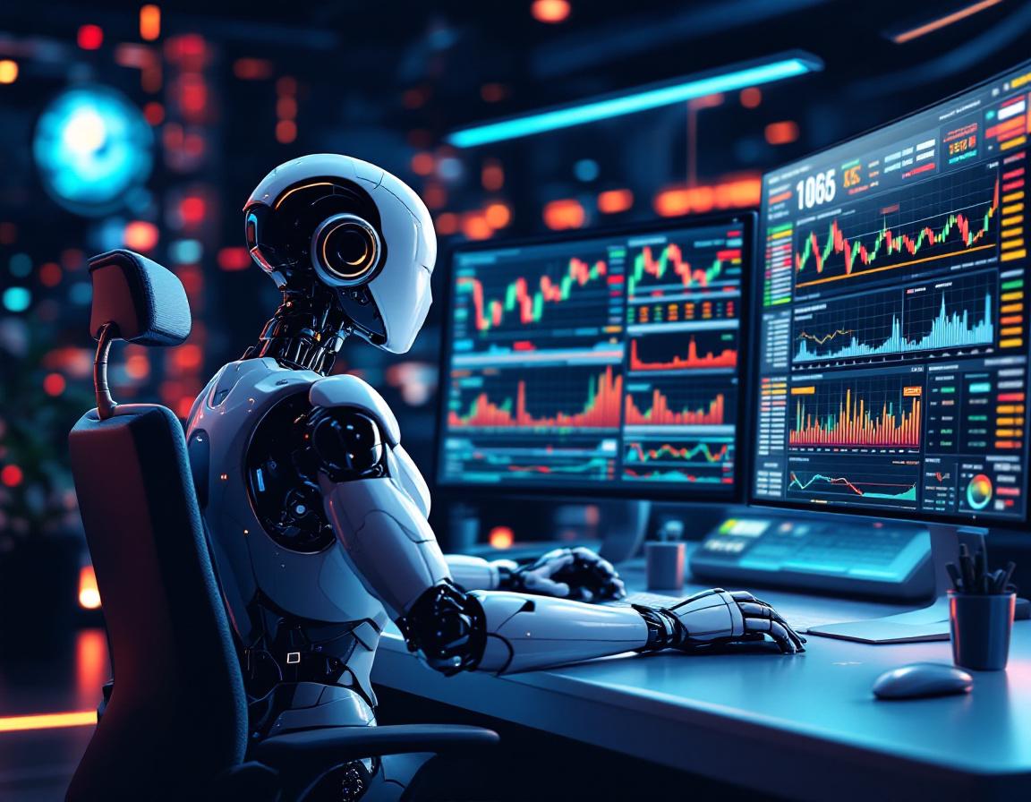 A humanoid AI trading bot at a high-tech workstation analyzing market data on multiple screens.