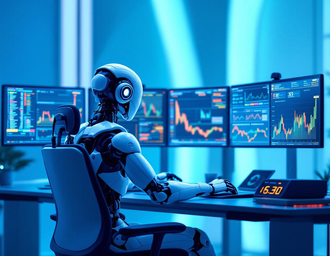 A futuristic AI trading bot at a sleek workstation, analyzing market data on multiple screens.