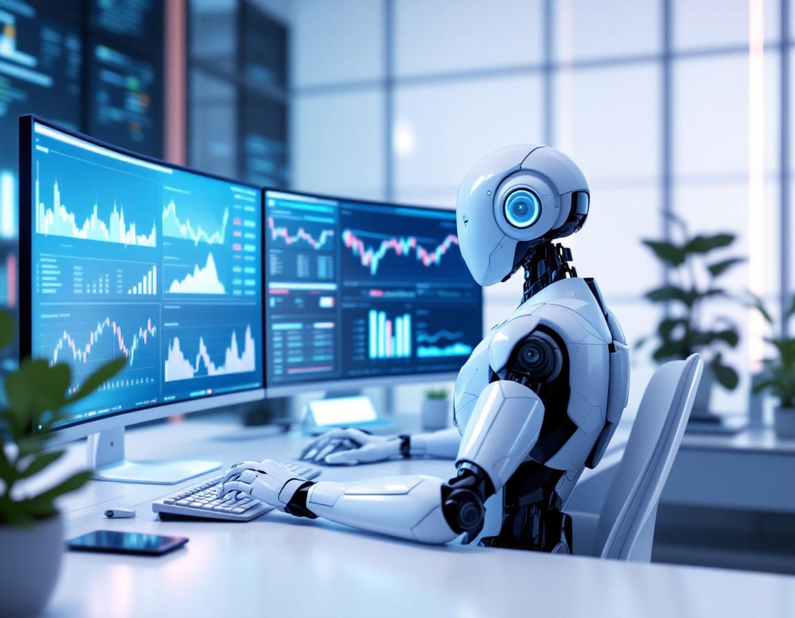 A hyper-realistic AI trading bot at a workstation, analyzing market data across multiple screens.