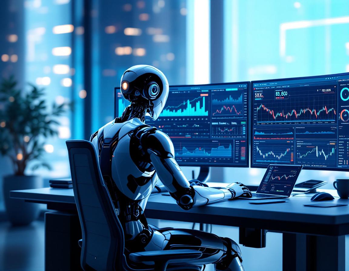 A hyper-realistic AI trading bot at a high-tech workstation, analyzing data on multiple screens.