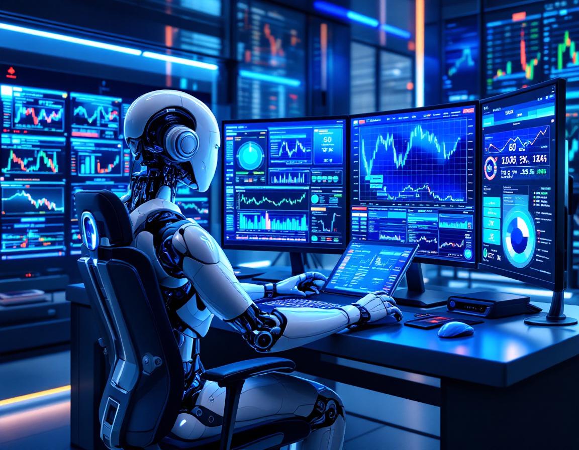 A humanoid AI trading bot analyzes market data at a futuristic workstation with multiple screens.