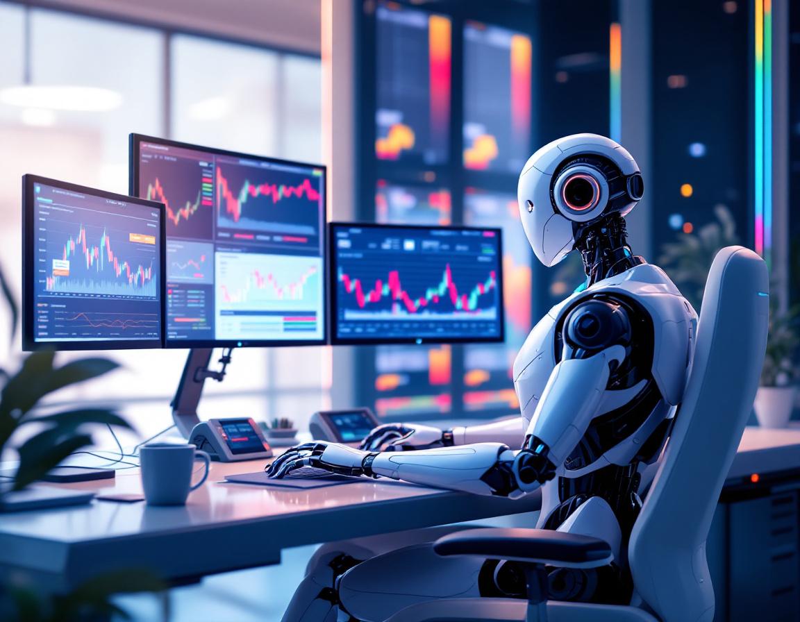 Humanoid AI trading bot at a high-tech workstation, analyzing market data and executing trades.