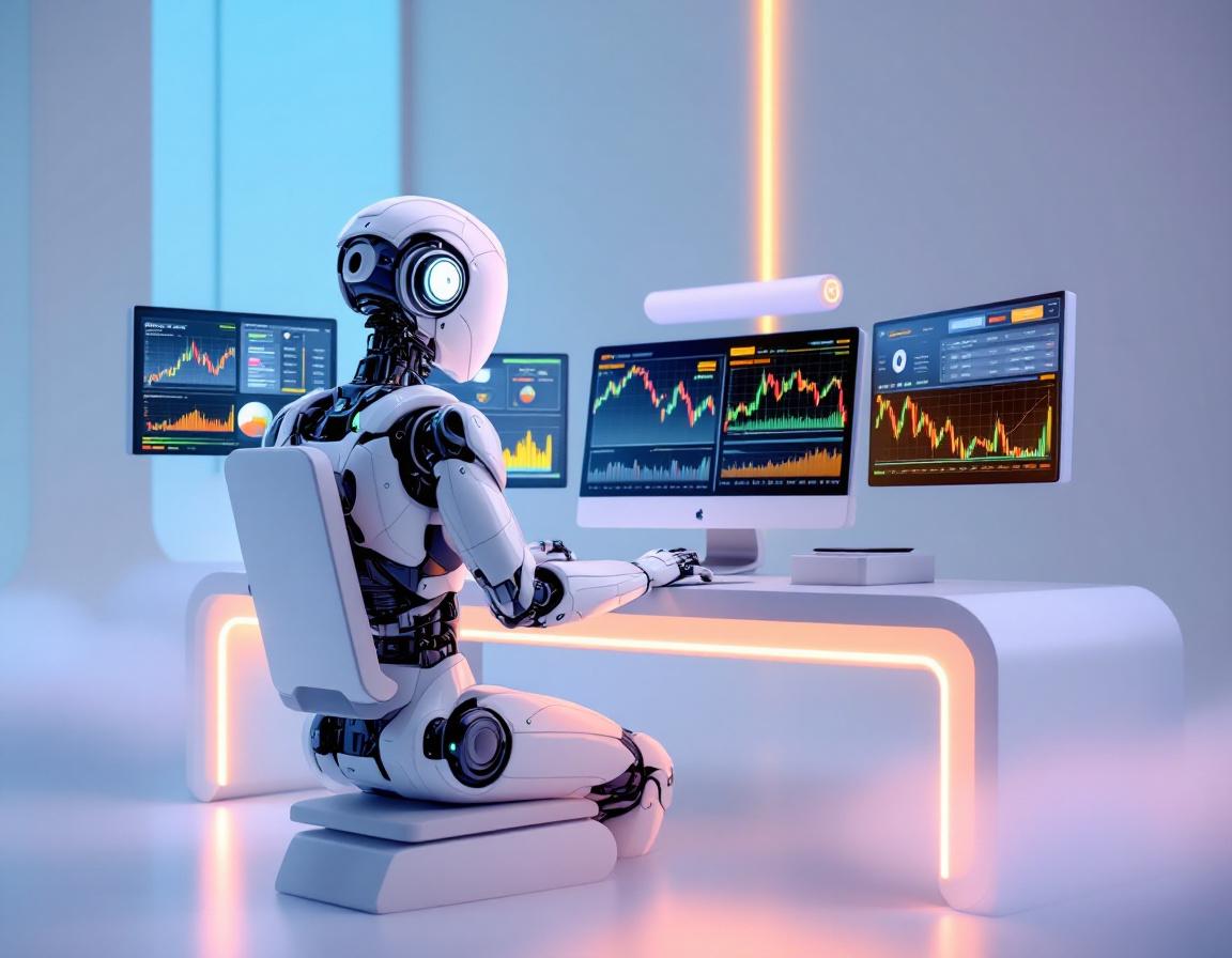 A humanoid AI trading bot at a high-tech workstation, analyzing market data on multiple screens.
