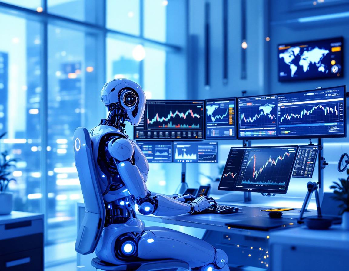 A hyper-realistic AI trading bot at a workstation analyzing market data across multiple screens.
