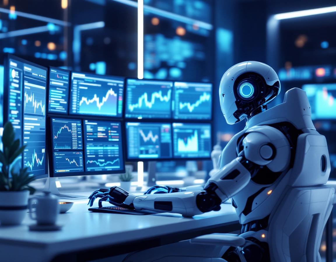 A sleek humanoid AI trading bot operates at a high-tech workstation analyzing stock and crypto data.