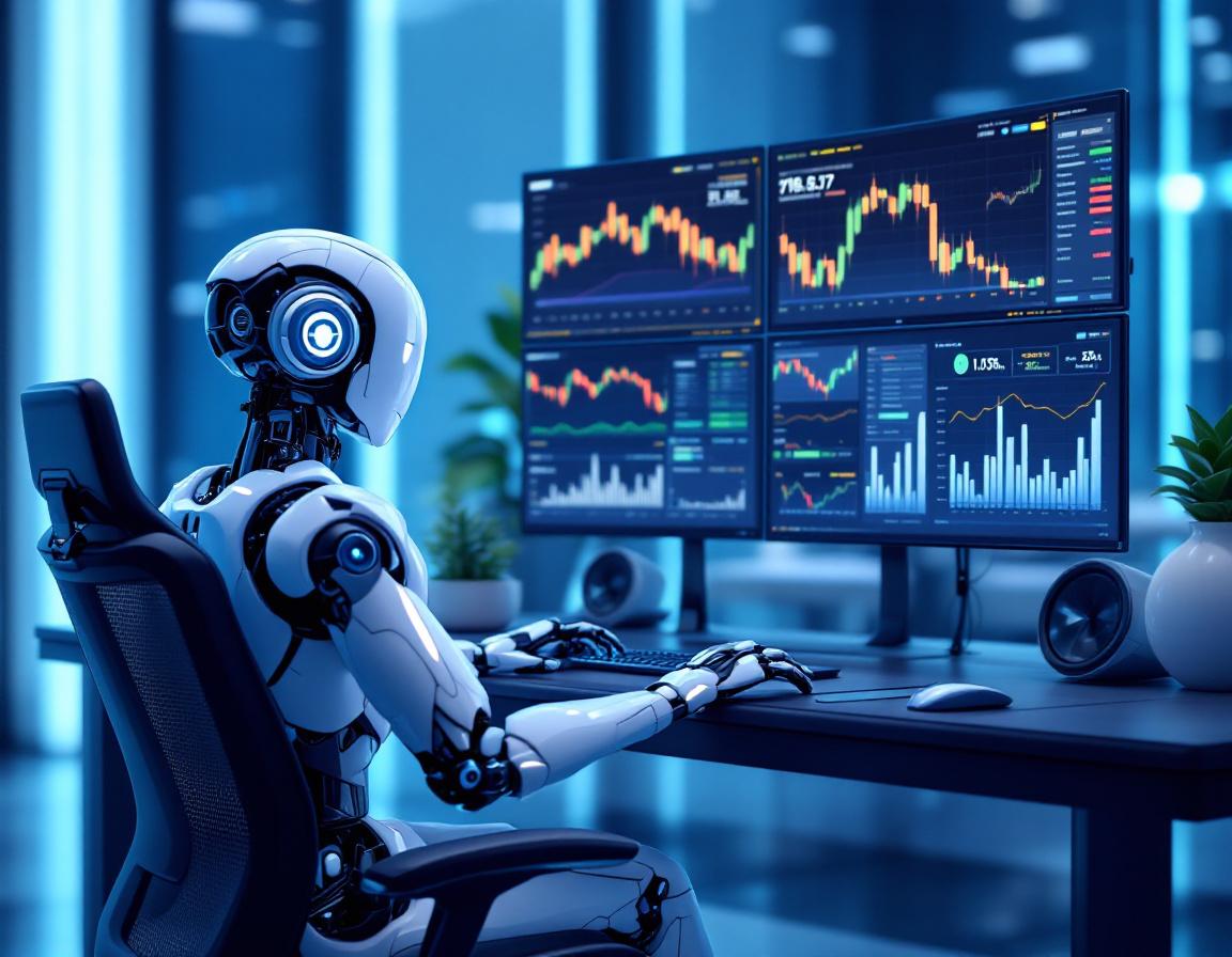 Hyper-realistic AI trading bot analyzing market data at a sleek workstation with bright screens.