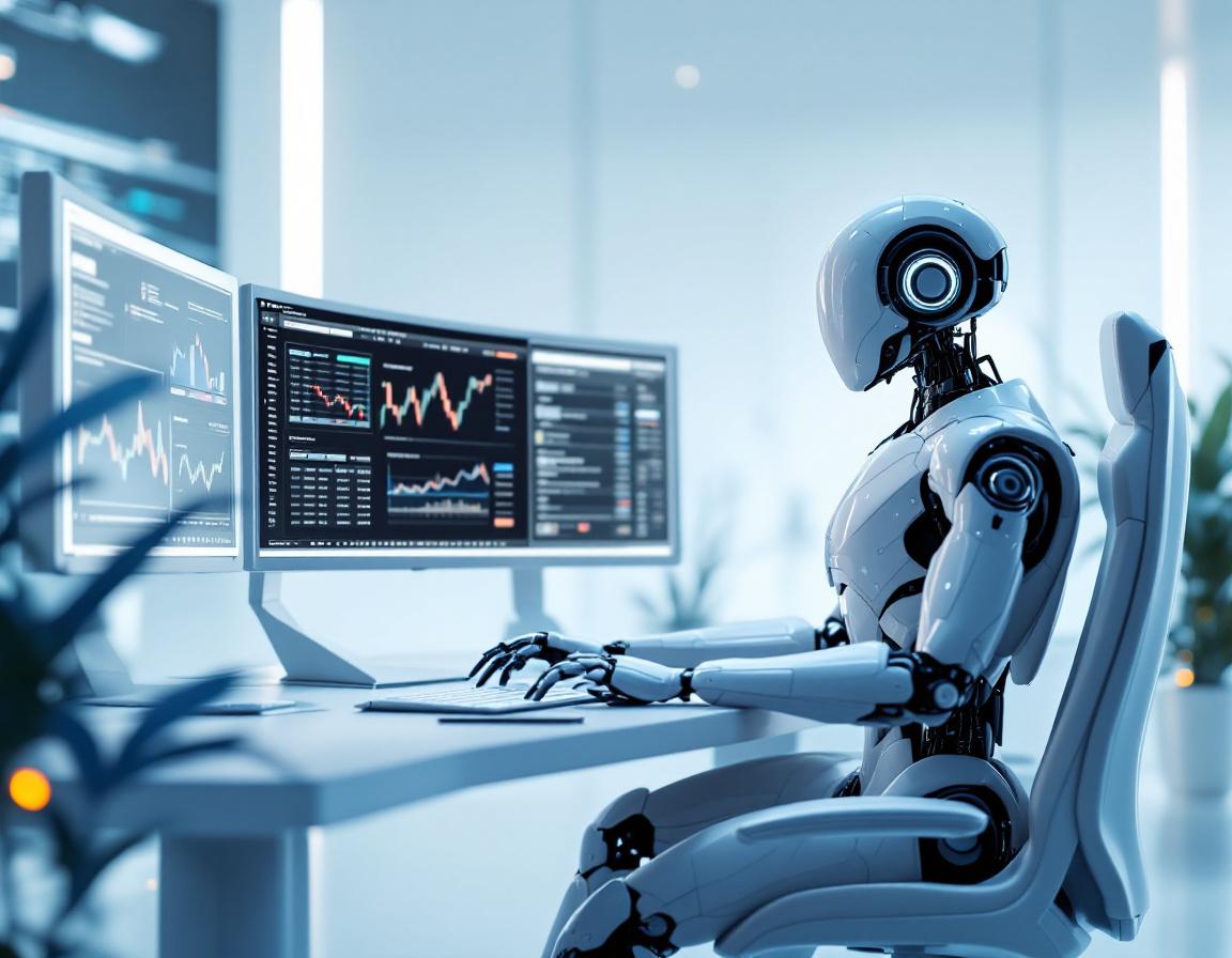 A hyper-realistic AI trading bot in a high-tech workstation analyzing stock and crypto market data.