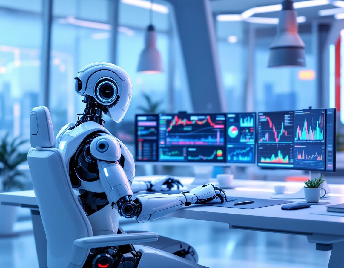 A humanoid AI trading bot at a high-tech workstation, analyzing market data on multiple screens.