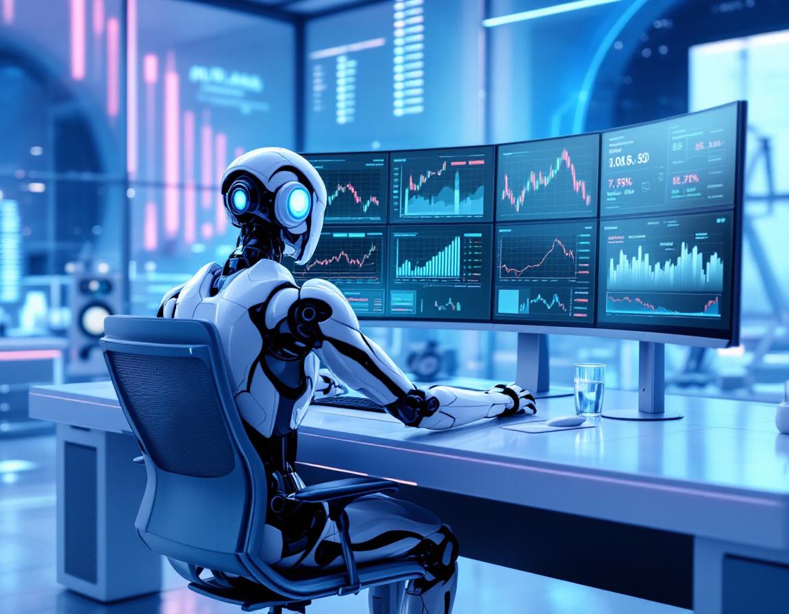 A hyper-realistic AI trading bot at a workstation, analyzing market data on multiple screens.