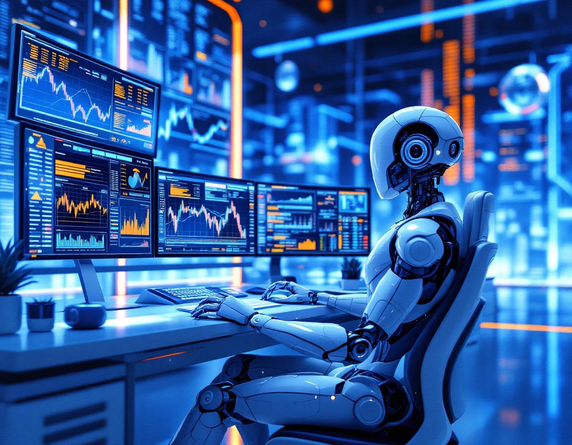 A hyper-realistic AI trading bot at a workstation analyzing crypto markets on multiple screens.