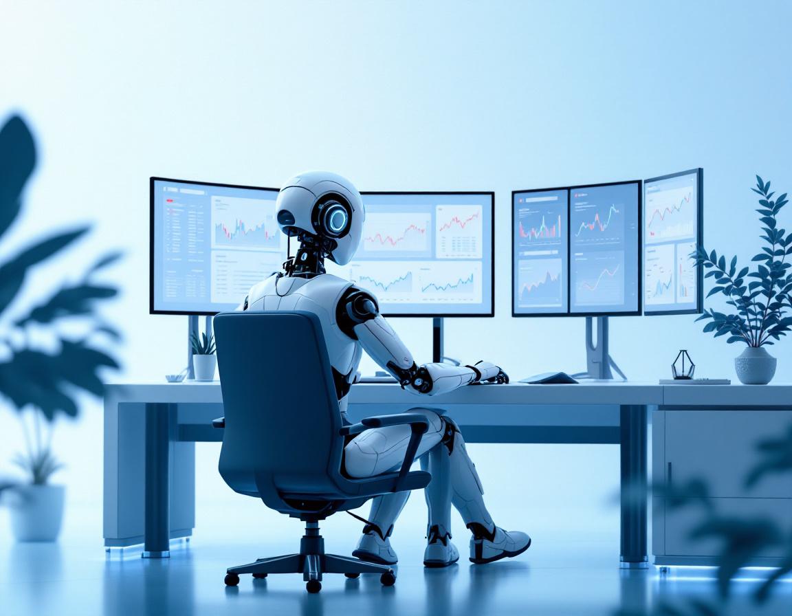 A humanoid AI trading bot sits at a workstation, analyzing market data on multiple screens in 3D.